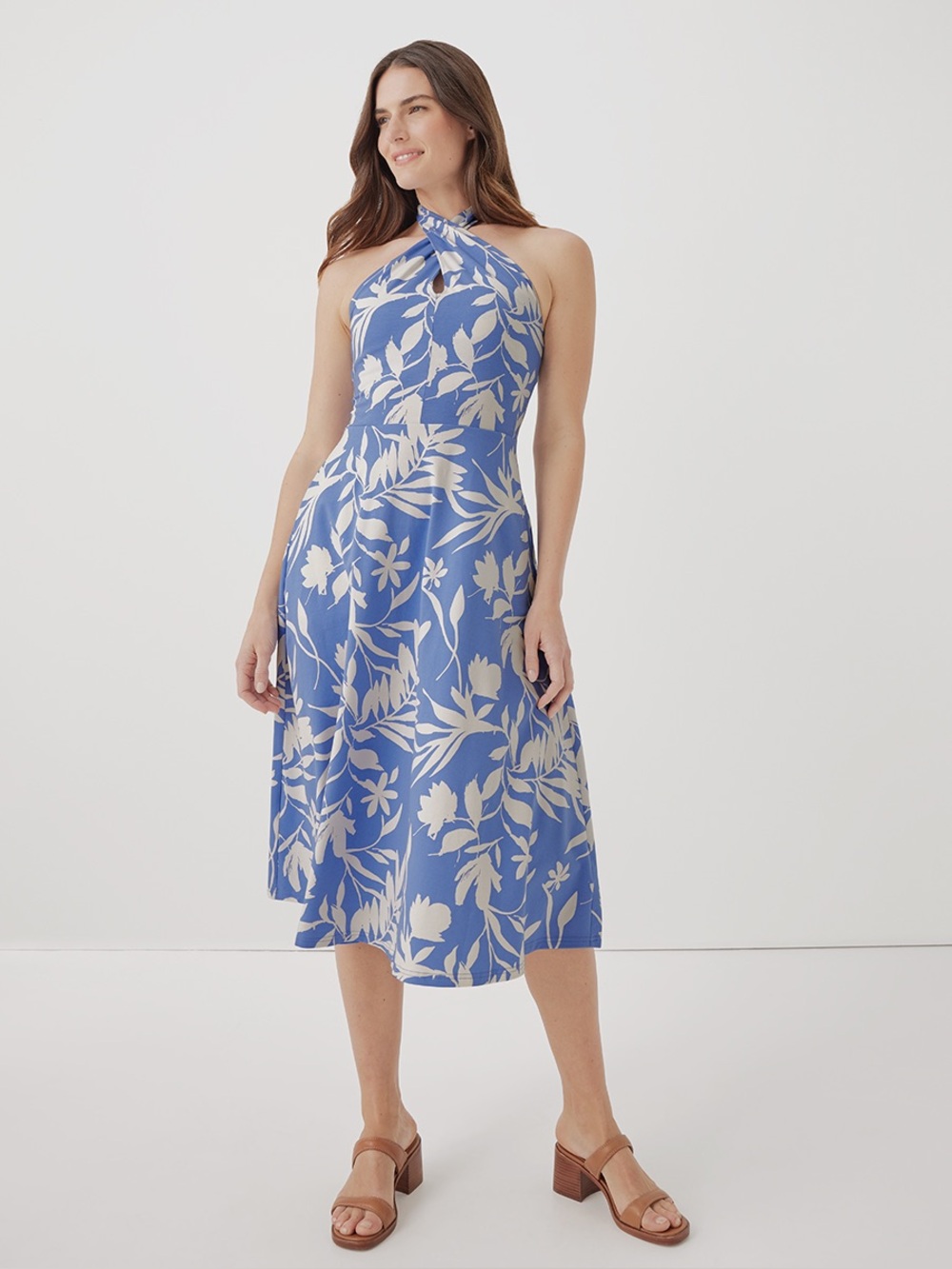 ‼️NWOT: Pact Organic Fit & Flare Modern Halter Dress In Wedge-wood Palms - L